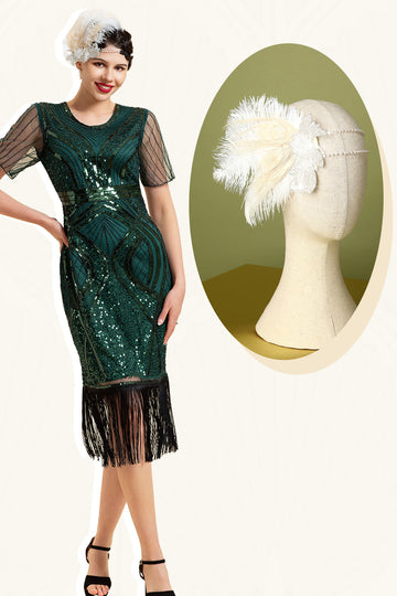 Verde Escuro Mangas Curtas Lantejoulas Fringes 1920s Vestido Com 20s Acessórios Set